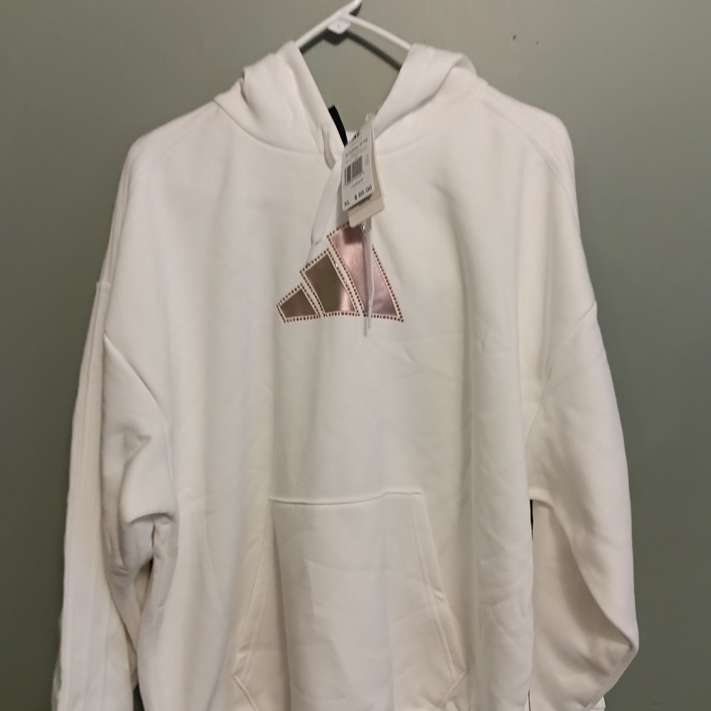 adidas White Hoodie with Pink and Brown Logo